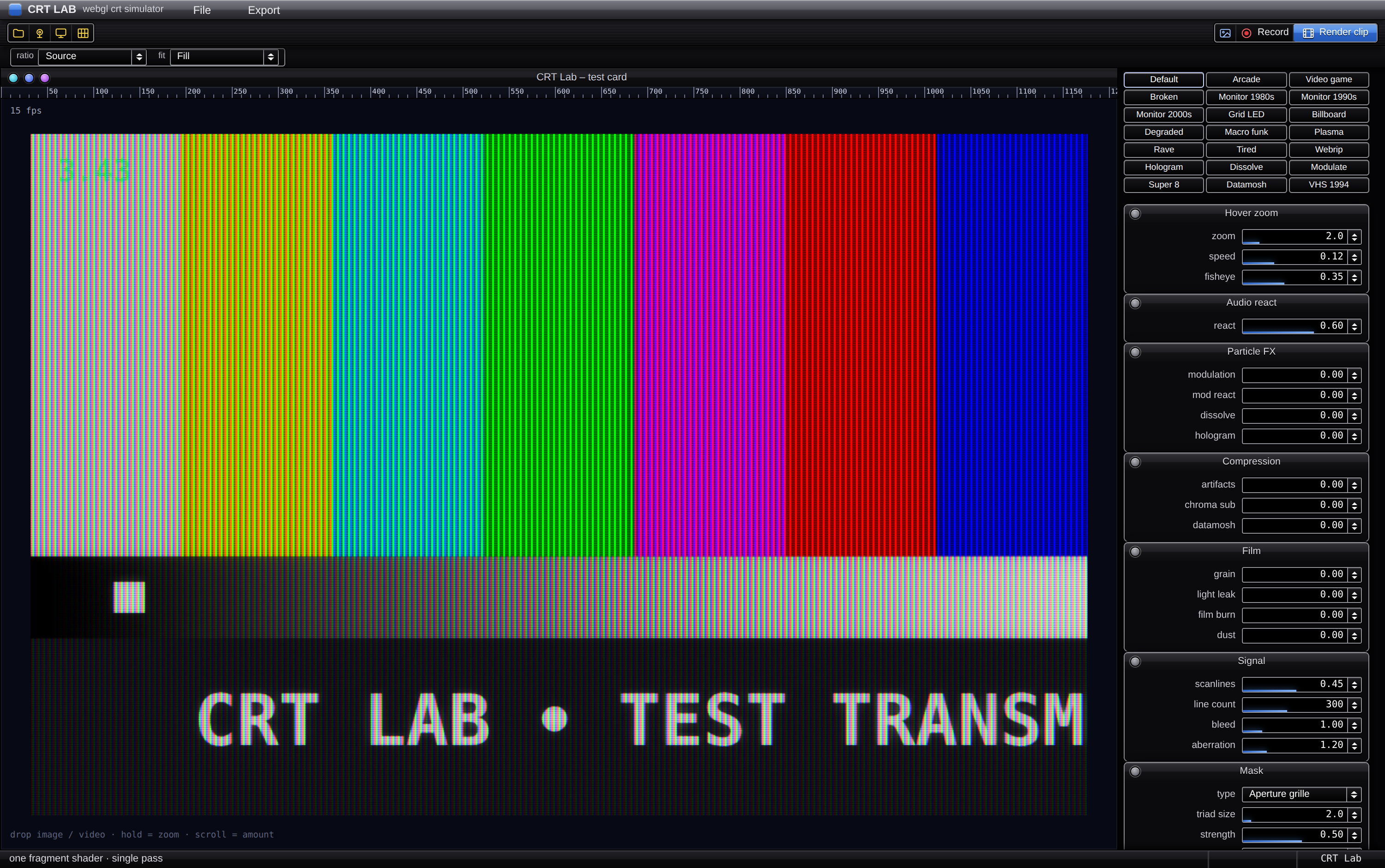 CRT Lab's animated test card under the default preset