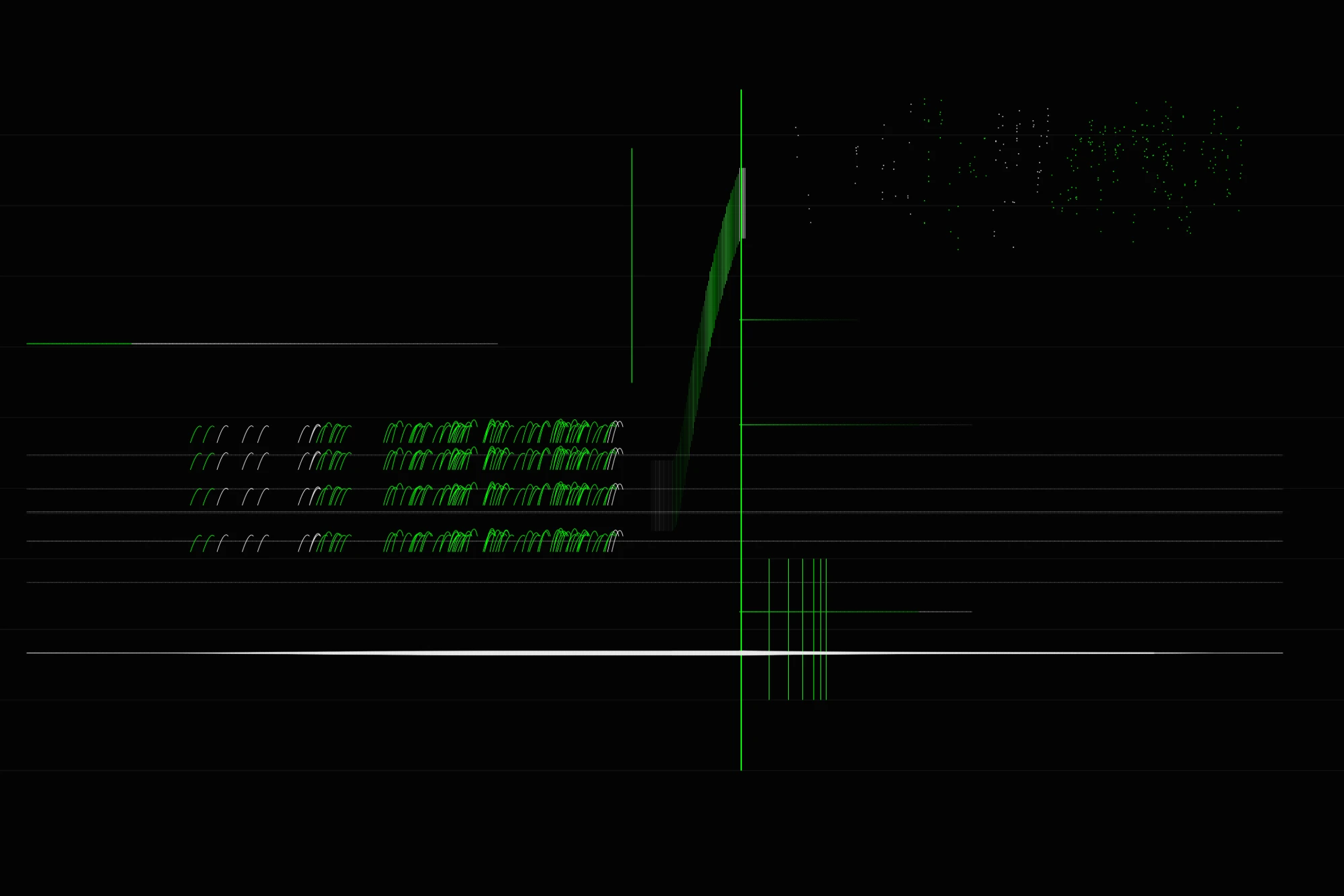 Plate 01, Energy chain: arcs of creaks thickening, a single green snap, the fall rising to the impact