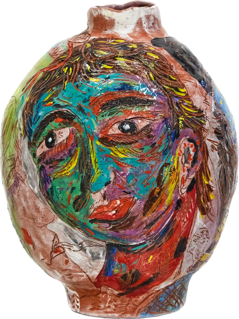 Glazed ceramic vessel painted with a face in turquoise, red and yellow over terracotta