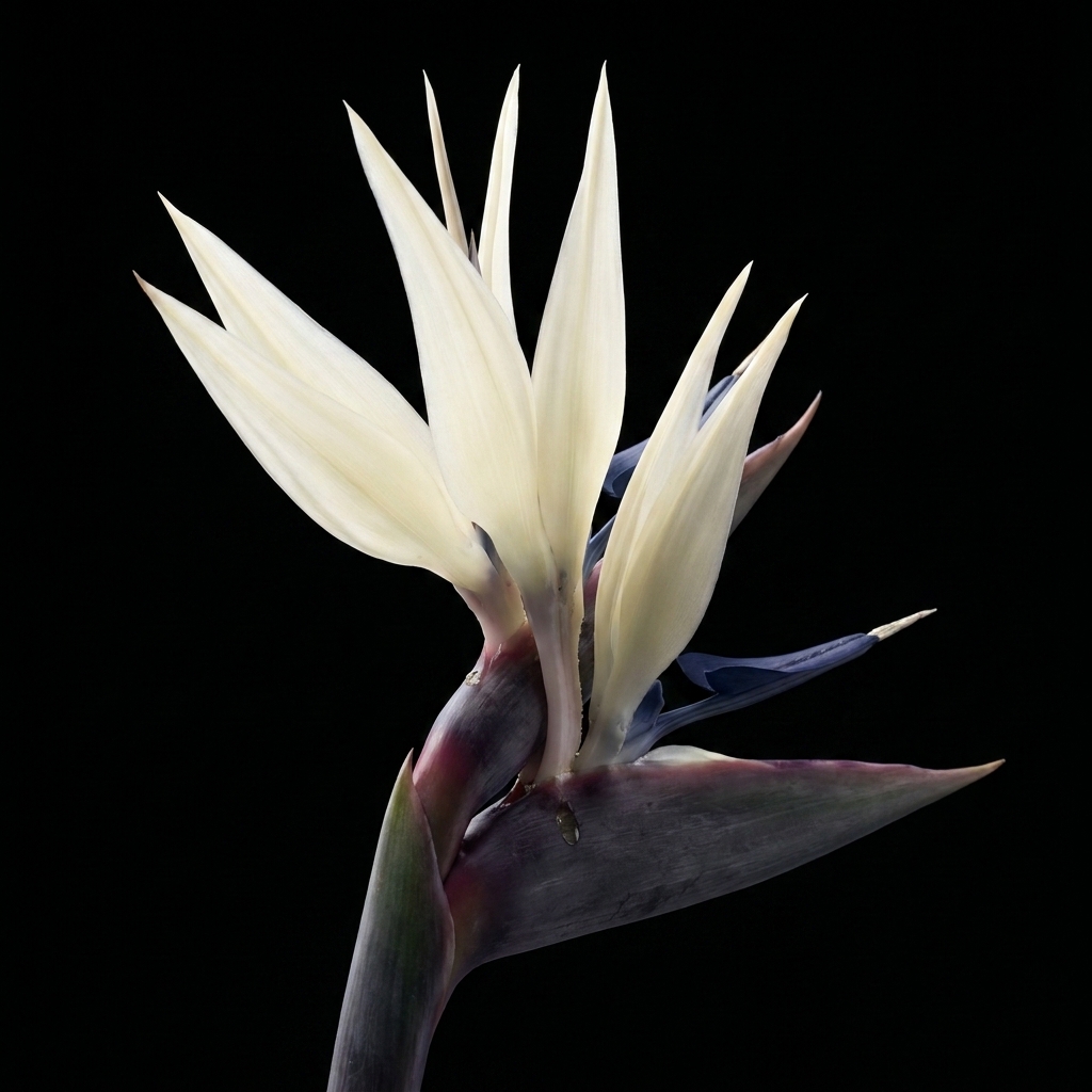 Rear three-quarter render, petals leaning away and the sheath crossing the frame