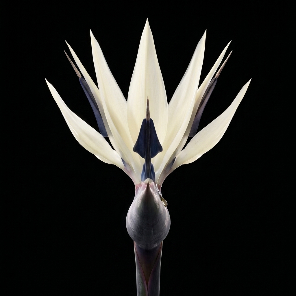 Symmetrical front-on render, petals fanned wide around a single navy tongue